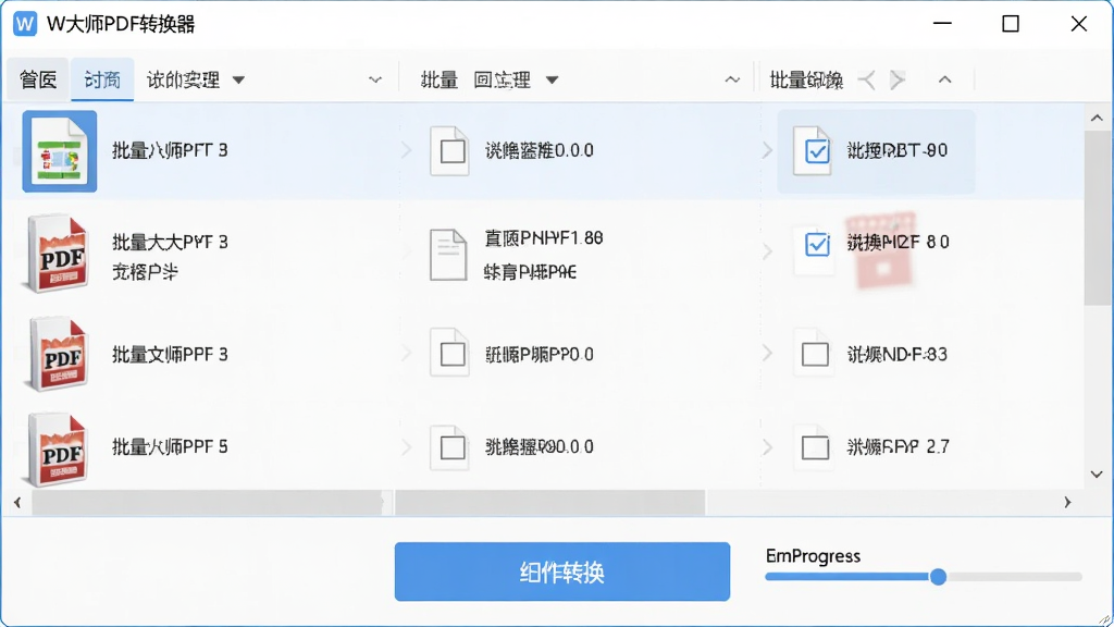 W大师PDF转换器批量文件处理界面,主体为软件窗口中显示多个文件列表和统一转换按钮,布局为上方文件列表下方操作按钮,排版规整,风格为清爽浅色系,细节包含文件缩略图、勾选框、批量进度显示,画质高清干净无多余元素