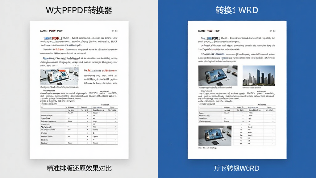 W大师PDF转换器精准排版还原效果对比图,主体为左右分屏展示原始PDF与转换后Word文档,布局为左右对照,排版清晰,风格为极简对比风,细节包含文字段落、表格线条、图片位置一致性展示,画质高清干净无多余元素