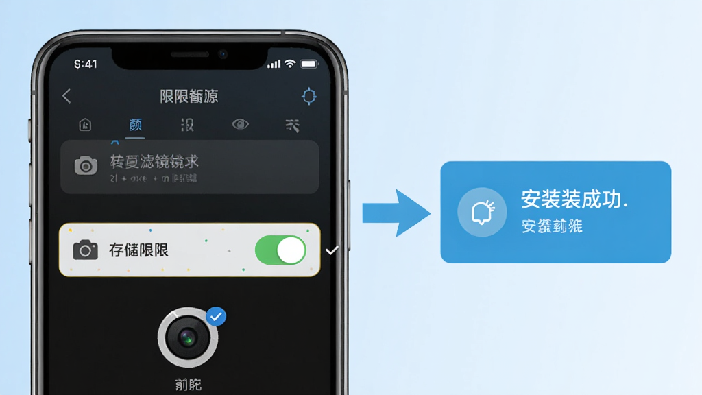 美颜滤镜自拍相机安装设置示意图,画面中一部手机显示权限设置页面,相机与存储权限开关被高亮标注,旁边有箭头指向安装成功提示框,背景为浅蓝色渐变,风格简洁直观,细节包含权限图标与勾选标记,画质高清,干净,无多余元素