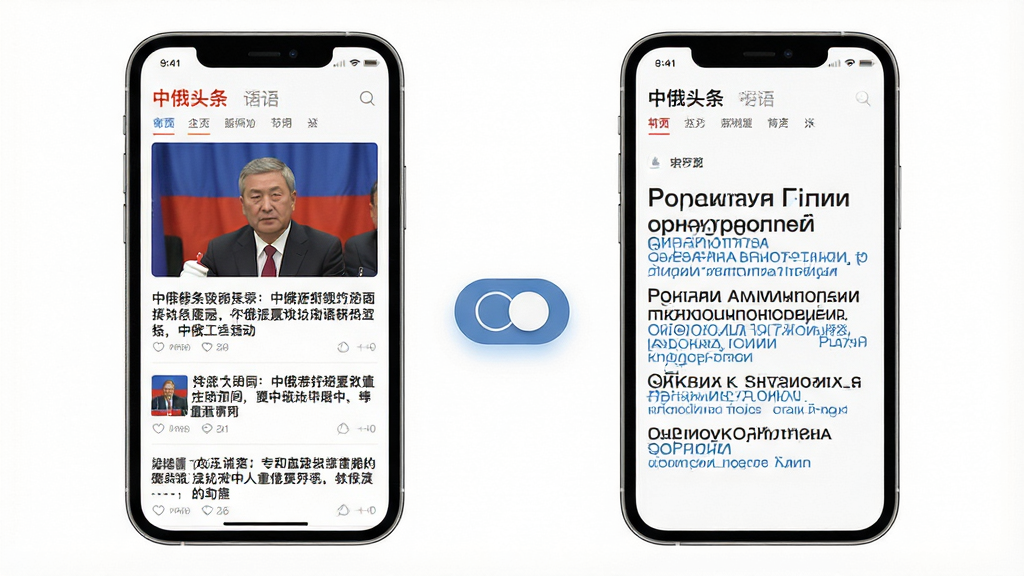 中俄头条双语切换功能展示图,画面中手机屏幕分为左右两半,左侧显示中文新闻,右侧显示对应的俄文翻译,中间有一个切换按钮,界面风格清爽,背景为白色,画质高清,干净整洁