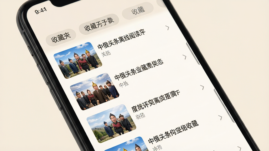 中俄头条离线阅读与收藏功能界面,手机屏幕展示收藏夹列表,每条收藏带有缩略图和标题,顶部有分类标签,背景为柔和的米白色,界面布局清晰,画质高清,干净无多余元素