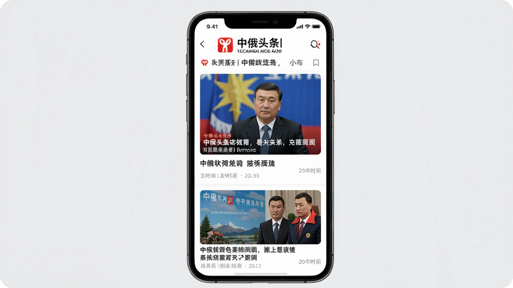 中俄头条软件主界面展示,画面中央是一部智能手机,屏幕上显示中俄头条APP的新闻列表页面,顶部有中俄双语标识,页面排版清晰,包含新闻标题、配图和发布时间,背景为干净的浅灰色,整体风格现代简洁,画质高清,干净无多余元素