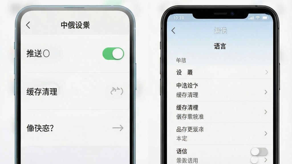 中俄头条移动端操作界面截图,手机屏幕显示设置页面,包含推送开关、缓存清理、语言偏好等选项,界面风格简洁,背景为浅色,画质高清,干净无多余元素