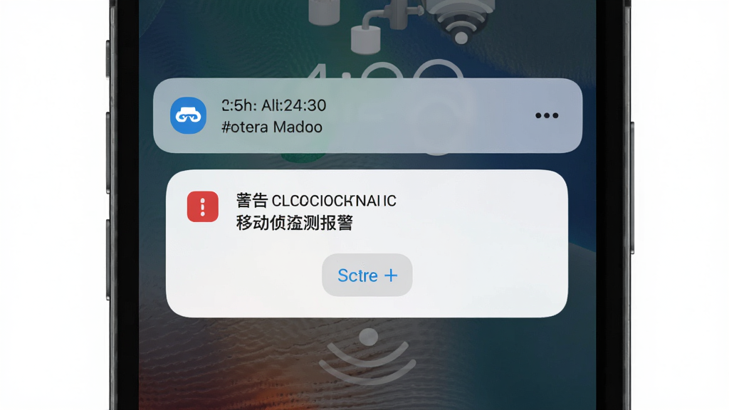 摄像云监控手机远程移动侦测报警功能示意图,主体为手机锁屏界面弹出监控告警通知卡片,布局为通知栏居中显示,排版清晰,风格为现代扁平化设计,细节包含时间戳、摄像头名称与查看按钮,画面干净无冗余信息,画质清晰