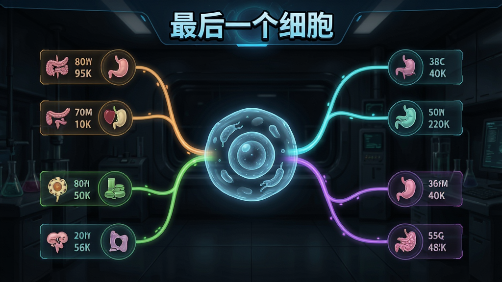 细胞进化树界面展示,画面中央是一个发光的细胞轮廓,周围延伸出多条不同颜色的进化分支,每条分支末端显示不同器官图标和属性数值,界面风格科技感十足,背景为深色实验室风格,顶部标注