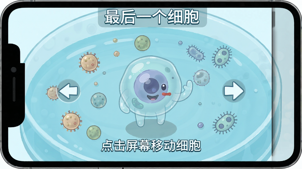 新手引导界面截图,画面中有一个半透明的细胞角色和方向指示箭头,界面显示操作提示文字