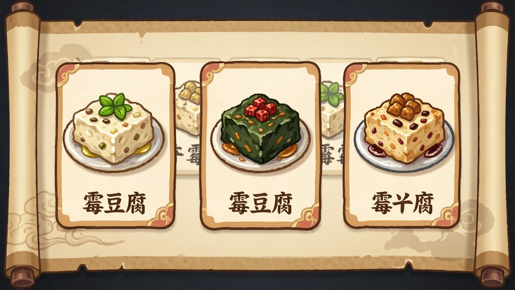 图鉴收集界面,画面中展示着多张霉豆腐卡片,每张卡片上有不同颜色和配料的霉豆腐图片及名称,背景是古风卷轴样式,卡通风格,精致美观,画质干净,无多余元素