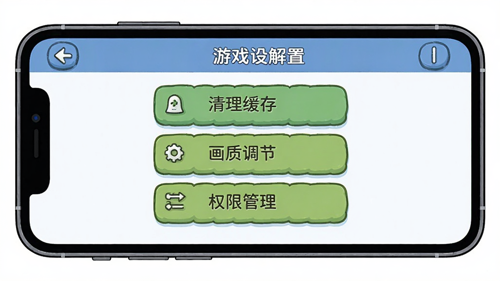 游戏问题解决界面展示,画面中手机屏幕上显示游戏设置菜单,包含清理缓存、画质调节、权限管理等选项,卡通风格,简洁明了,画质清晰,无多余元素