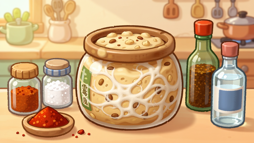 游戏主界面预览图,画面中央是一罐发酵中的霉豆腐,白色菌丝清晰可见,周围摆放着辣椒粉、盐、白酒等调料瓶,背景是温馨的厨房场景,卡通风格,色彩柔和明亮,画质清晰干净,无多余元素