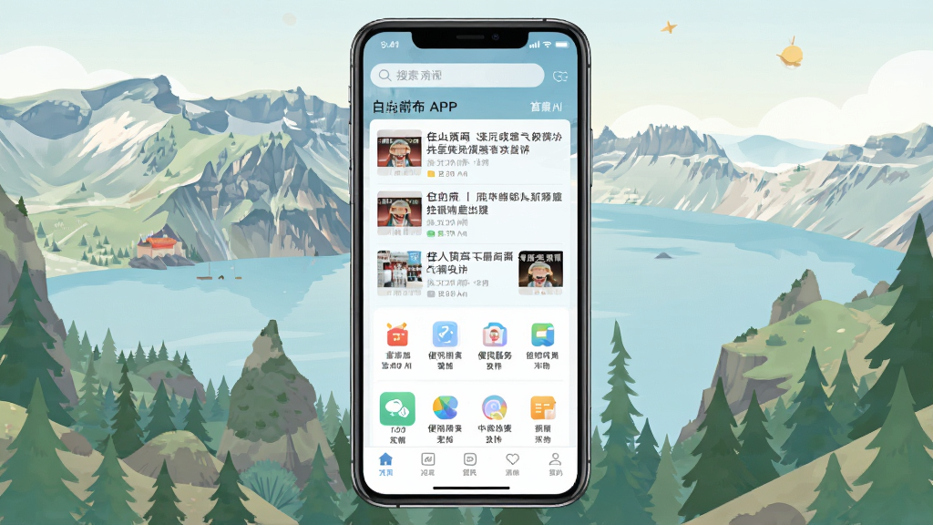 一张展示白山发布APP首页界面的手机预览图,画面主体是一部竖向放置的智能手机,手机屏幕内显示新闻资讯列表和便民服务图标,背景为长白山天池与森林的淡雅插画风格,整体布局简洁清晰,采用扁平化UI设计风格,细节包含顶部搜索栏和底部导航菜单,画质清晰干净,无多余元素。