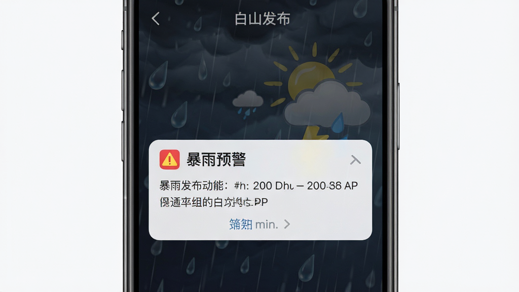 一张展示白山发布APP预警推送功能的手机界面图,画面主体为手机屏幕弹出暴雨预警通知卡片,背景为深色天气氛围,布局突出通知内容与时间,风格写实科技感,细节包含预警图标和“白山发布”字样,画质清晰干净,无多余元素。