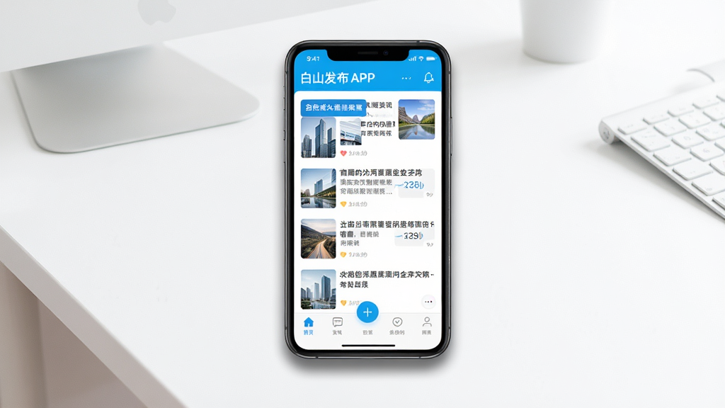 一张展示白山发布APP在手机上稳定运行的示意图,画面主体为手机屏幕显示资讯列表和底部导航栏,背景为简洁的白色办公桌面,布局居中,风格清新明快,细节包含手机边框和轻微阴影,画质清晰干净,无多余元素。
