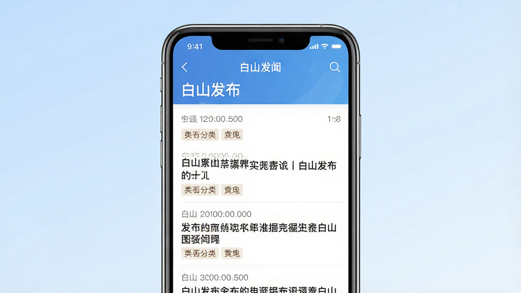 一张展示白山发布APP新闻资讯页面的手机截图风格图片,画面中央是一部手机,屏幕内显示“白山发布”标题和滚动新闻列表,背景采用淡蓝色渐变,整体风格简约商务,细节包含时间戳和分类标签,画质清晰干净,无多余元素。