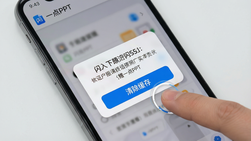 一张展示手机使用“一点PPT”时遇到闪退提示的界面图,画面中手机屏幕显示错误弹窗,旁边有手指点击“清除缓存”按钮的动作,背景为浅灰色,风格为写实扁平混合,细节包括弹窗文字和按钮的高亮,画质清晰,干净,无多余元素
