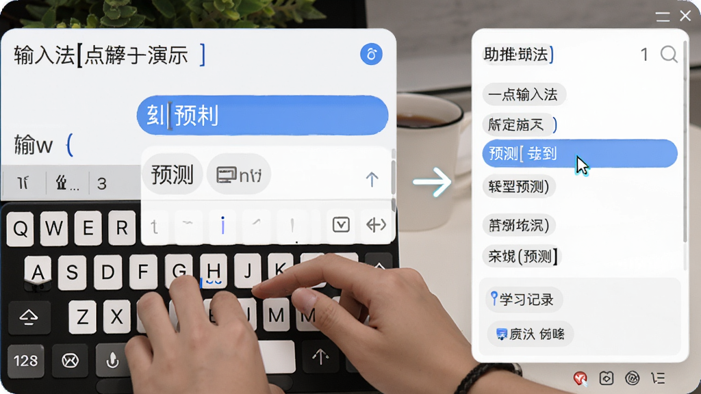 一点输入法智能联想功能演示图,主体为输入法候选窗口与用户打字场景,布局为左侧显示输入内容右侧展示联想词,排版采用分步示意形式,风格为简约软件界面截图风,细节包含高亮显示的预测词汇、动态光标、学习记录图标,画质为高清2K,干净,无多余元素