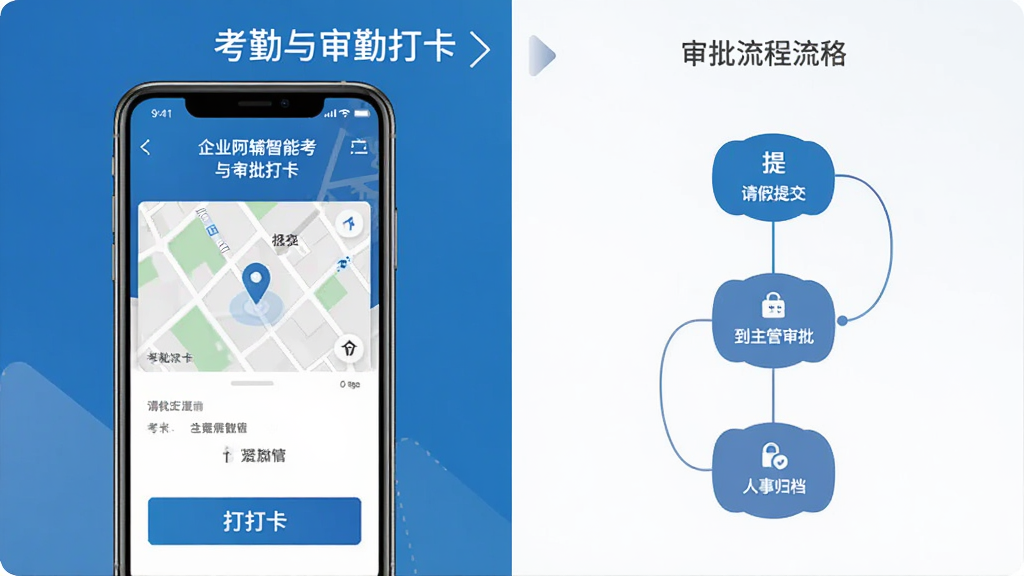 企业阿辅智能考勤与审批功能展示图,画面左侧展示手机考勤打卡界面包含定位地图和打卡按钮,右侧展示审批流程流转图,以节点连线形式呈现请假审批从提交到主管审批再到人事归档的完整路径,整体布局左右分栏,风格简洁商务,配色以蓝白灰为主,画质清晰,干净无多余元素