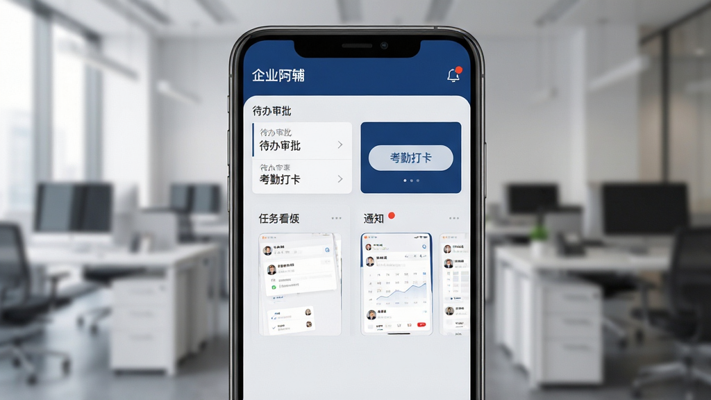 企业阿辅一站式办公门户界面展示图,画面采用手机屏幕特写视角,屏幕中显示企业阿辅首页,包含待办审批列表、考勤打卡按钮、任务看板缩略图、通知消息红点提醒,界面配色以深蓝与浅灰为主,排版整洁有序,背景为虚化的办公室场景,风格商务专业,画质高清,干净无多余元素