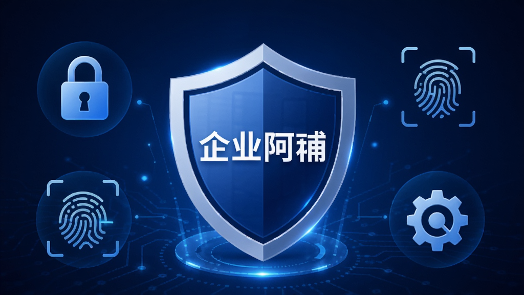 企业阿辅数据安全与权限管控功能展示图,画面中央展示盾牌形安全图标,周围环绕锁形图标、指纹识别图标、权限齿轮图标,背景为深蓝色科技感渐变,盾牌上显示企业阿辅文字标识,整体风格安全可靠,画质清晰,干净无多余元素