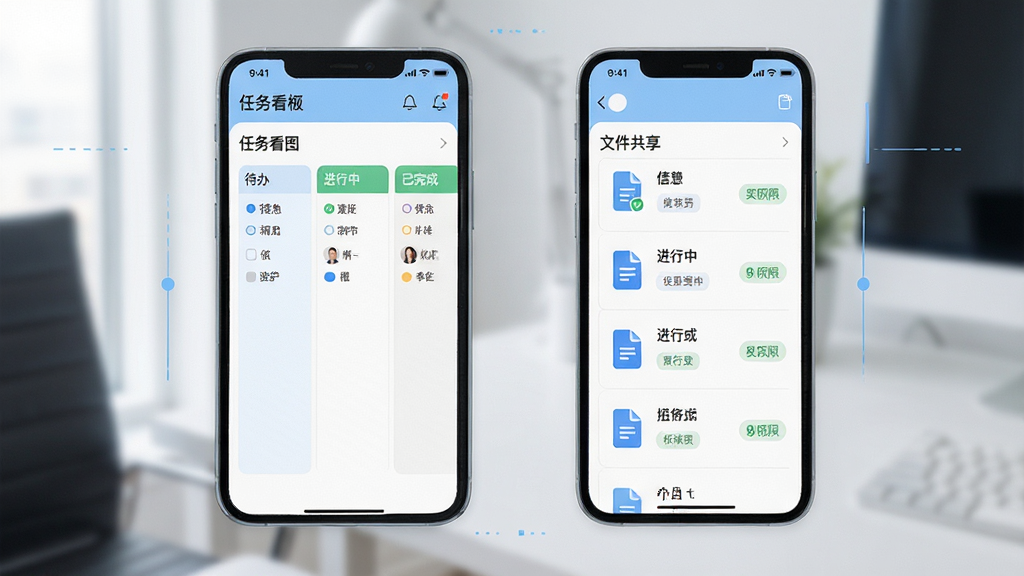 企业阿辅任务协同与文件共享界面展示图,画面采用手机屏幕组合展示,左侧屏幕显示任务看板视图包含待办、进行中、已完成三列,右侧屏幕显示文件共享列表包含文档图标和权限标签,整体排版清晰,风格现代商务,配色以浅蓝和白色为主,画质高清,干净无多余元素