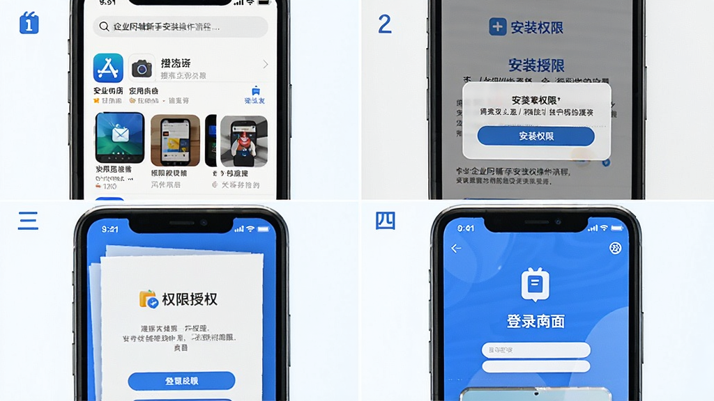企业阿辅新手安装操作流程图,画面以手机屏幕分步展示,第一步展示应用商店搜索界面,第二步展示安装权限弹窗,第三步展示权限授权页面,第四步展示登录成功主界面,整体采用从上到下四格分镜布局,风格简洁明快,配色以蓝白为主,画质清晰,干净无多余元素