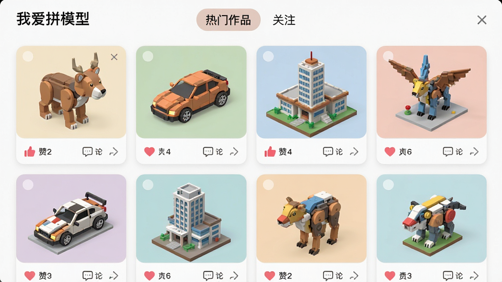 一张“我爱拼模型”社交社区界面截图,画面展示多个用户上传的3D拼装作品缩略图,有动物、汽车、建筑等模型,每个作品下方有点赞和评论图标,顶部有“热门作品”和“关注”标签,风格为扁平化卡片布局,色彩柔和,画质高清,画面干净整洁