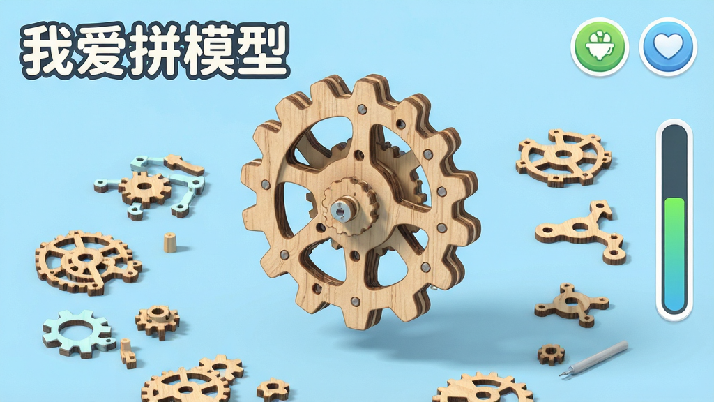一幅3D拼装游戏场景图,画面中央展示一个半成品木质机械齿轮模型悬浮在浅蓝色背景中,周围散落着各种精细的零件,画面左上角用圆润字体写着“我爱拼模型”,右侧有虚拟按钮和进度条UI元素,整体布局清晰,风格为清新卡通渲染,细节丰富,画质高清,画面干净无多余元素