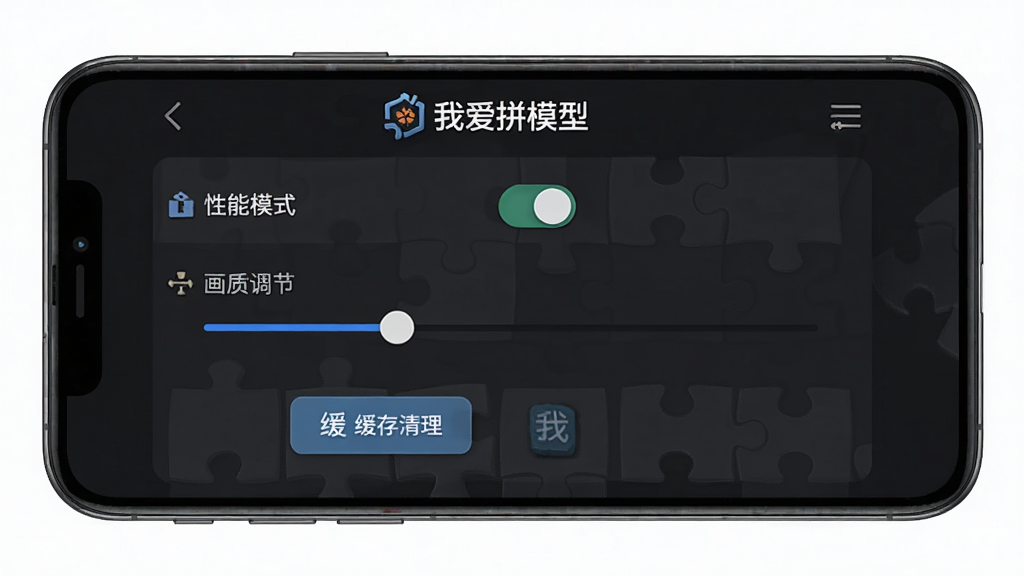 一张手机屏幕展示“我爱拼模型”游戏设置的界面图,画面中显示性能模式开关、画质调节滑块、缓存清理按钮等选项,背景为深色主题,界面简洁,图标清晰,画质干净,画面中带有“我爱拼模型”字样