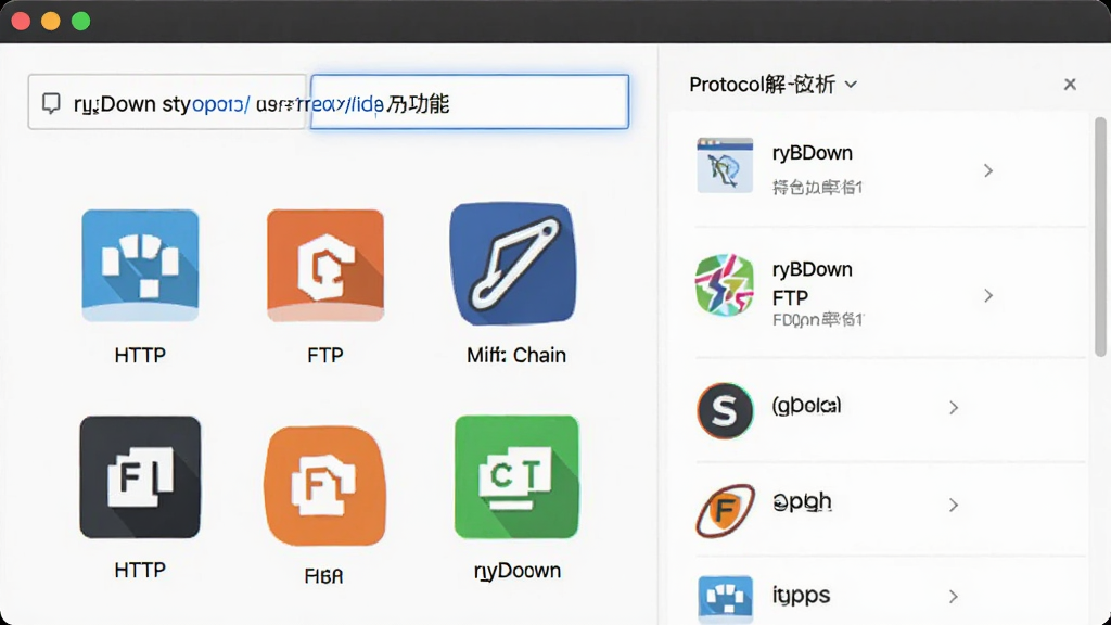 一张展示ryBDown多协议解析功能的示意图,主体是软件界面中粘贴链接后自动识别出多种协议图标,布局采用左右分栏,左侧是输入框,右侧是识别结果列表,排版整齐,风格为简约商务,细节包括HTTP、FTP、磁力链等标识,画质清晰,干净无多余元素。