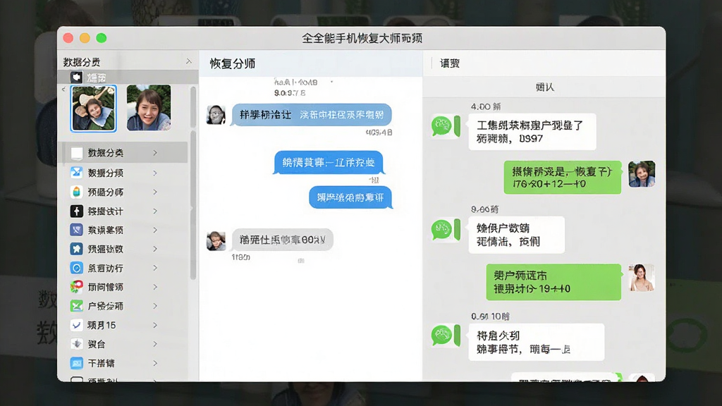 一张展示全能苹果手机恢复大师数据预览界面的图片,主体为软件窗口,布局为左侧数据分类列表、右侧内容预览区域,排版清晰,风格为现代简约商务风,细节包括照片缩略图、短信对话气泡、微信聊天记录样式,画质高清干净无多余元素