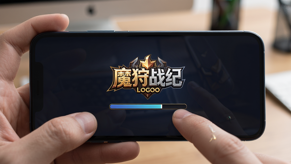 主体为手机屏幕显示魔狩战纪游戏加载界面,布局采用手持设备特写视角,排版中央展示游戏LOGO与进度条,风格为写实产品展示,细节包括手指点击屏幕动作、背景虚化的桌面环境,画质清晰,干净无多余元素