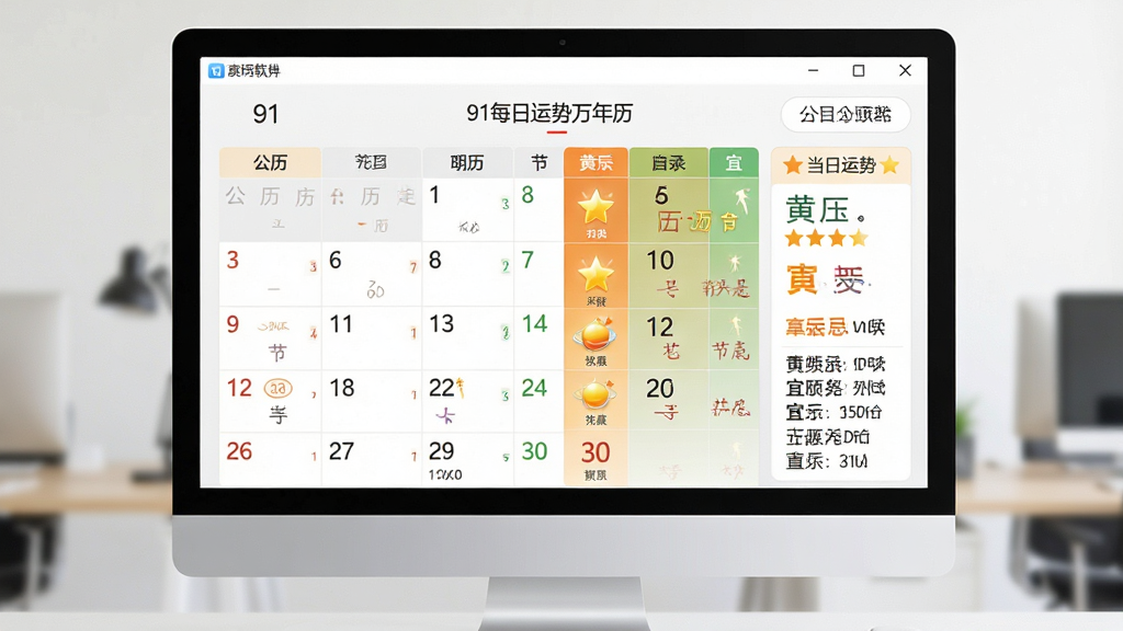 一张展示91每日运势万年历软件界面的图片,主体为电脑屏幕上的日历应用窗口,布局居中显示公历农历对照、当日运势星级与黄历宜忌信息,排版清晰整洁,风格为现代简约办公软件风,细节包含日期数字、节气标注、运势图标与宜忌条目,画质清晰干净,无多余元素