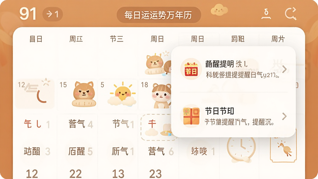 91每日运势万年历节气节日提醒功能展示图,主体为日历页面上的节气标注与节日提醒弹窗,布局居中,排版清晰,风格为温馨实用工具风,细节包含节气名称、节日图标与提醒文字,画质干净,无多余元素