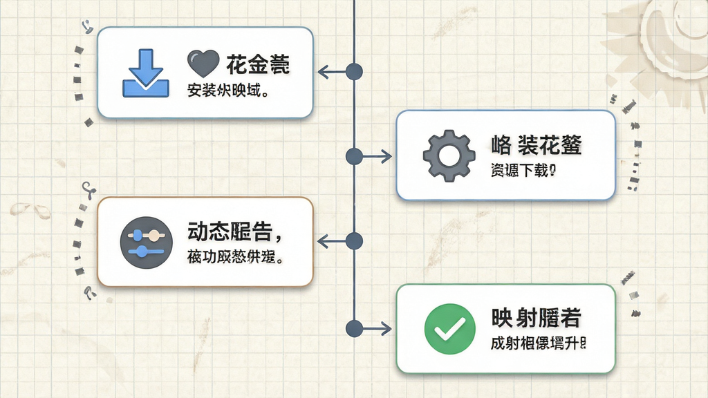 花生壳动态域名新手操作流程图,画面以步骤卡片形式展示从下载安装到映射成功的完整流程,每个步骤配有图标和简短文字说明,背景为浅色网格纸风格,布局为纵向时间线排列,细节包括下载箭头、安装齿轮、配置滑块、成功对勾,画质高清,画面干净,无多余元素