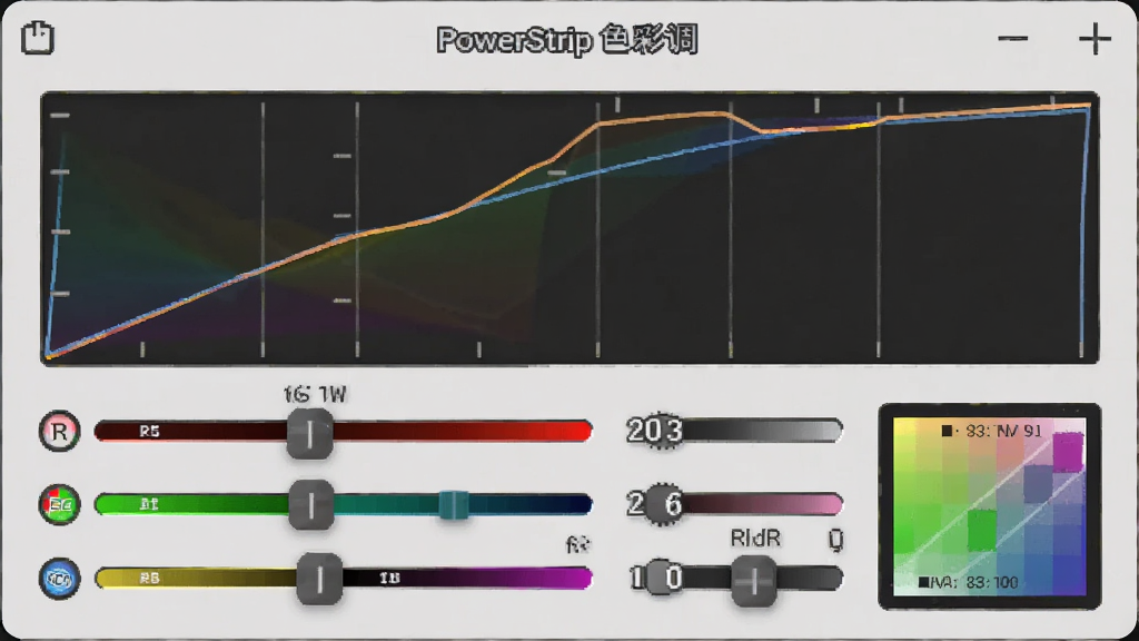 PowerStrip 色彩调节面板,主体为伽马曲线与色彩滑块,布局上下结构,排版紧凑,风格为实用工具风格,细节包含 RGB 通道滑块、伽马数值、预览色块,画质清晰,干净,无多余元素