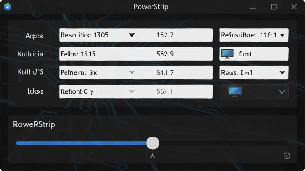 PowerStrip 软件主界面,居中显示显卡信息与分辨率调节滑块,主体为软件窗口布局,排版简洁,风格为科技感深色主题,细节包含分辨率数值、刷新率选项、显示器图标,画质清晰,干净,无多余元素