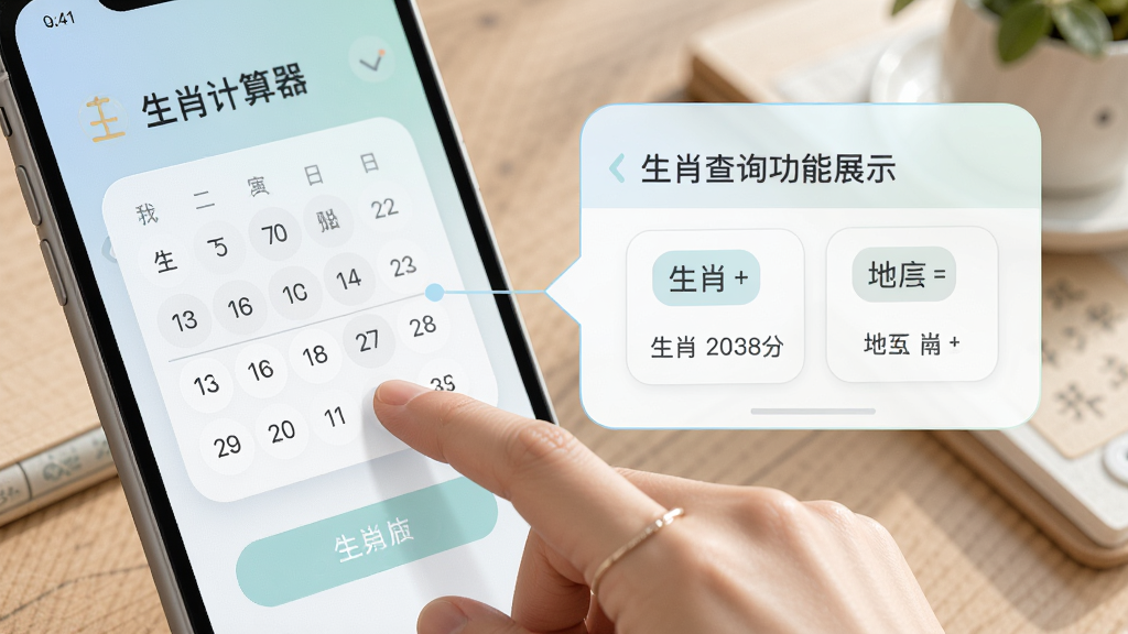 生肖计算器精准查询功能展示,画面中一只手正在点击屏幕上的日期选择器,旁边弹出结果框显示生肖属相和地支信息,界面配色柔和,布局清晰,风格现代简约,细节精致,画质高清,无多余元素