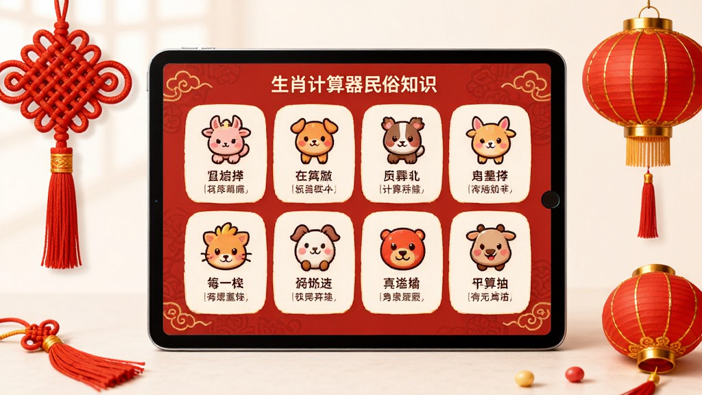 生肖计算器民俗知识页面展示,画面中平板电脑屏幕上显示着十二生肖的卡通图标和文字介绍,周围点缀着中国结和灯笼元素,风格传统与现代结合,布局美观,细节丰富,画质高清,无多余元素