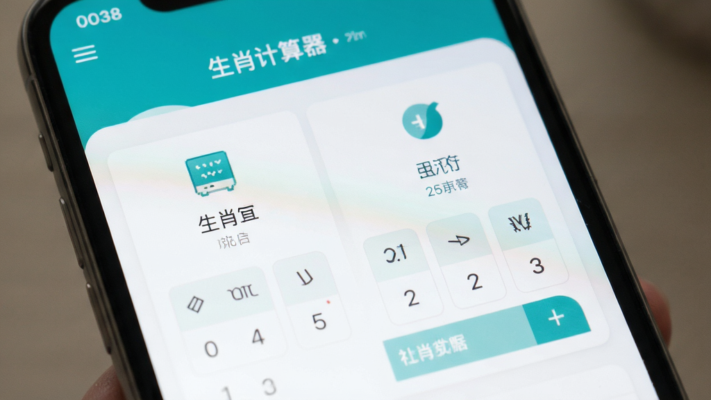 生肖计算器清爽界面特写,画面展示软件运行时的干净界面,没有任何广告弹窗,界面元素排列有序,配色舒适,风格极简,细节干净,画质清晰,无多余元素