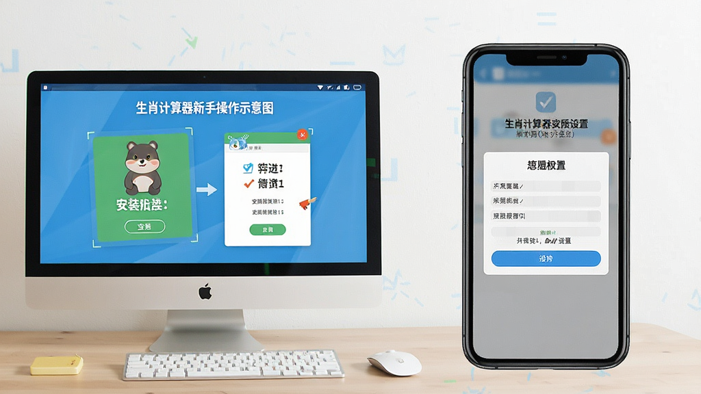 生肖计算器新手操作示意图,画面展示电脑和手机并排摆放,屏幕上分别显示安装步骤和权限设置界面,风格教学直观,布局清晰,细节明确,画质清晰,无多余元素
