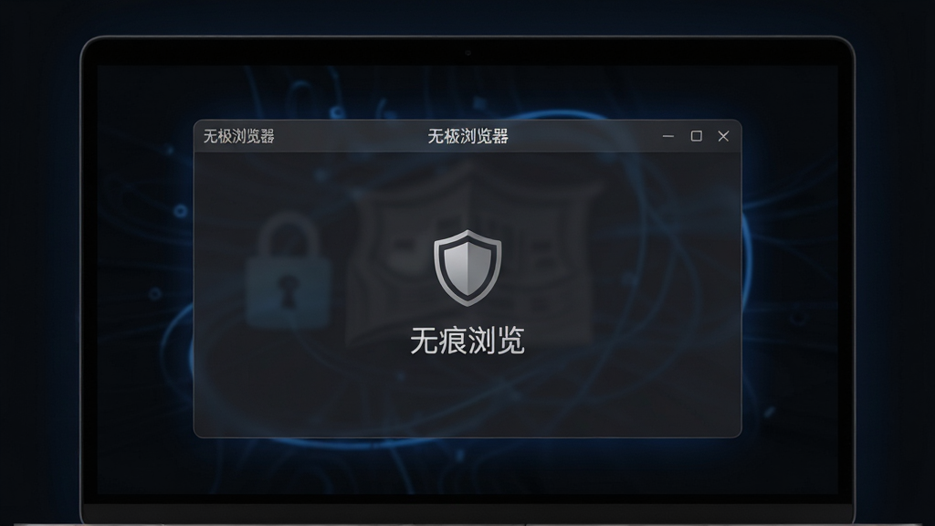 深色背景下的笔记本电脑屏幕,屏幕显示“无极浏览器”无痕模式窗口,窗口边框为深灰色半透明,中央有盾牌图标和“无痕浏览”字样,布局为居中特写,风格为暗黑科技风,细节上屏幕周围有微弱的蓝色光晕,画质为4K高清,画面干净无多余装饰。