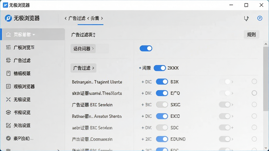 一张电脑屏幕截图风格画面,屏幕显示“无极浏览器”设置界面中的广告过滤选项,界面左侧为导航菜单,右侧为过滤开关和规则列表,布局为左右分栏,风格为简洁UI设计,细节上开关按钮呈蓝色高亮状态,背景为浅灰色,画质为2K清晰,画面干净无多余元素。