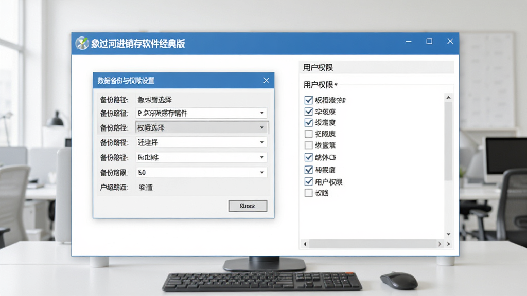 一张“象过河进销存软件经典版”数据备份与权限设置界面的图片,画面展示备份路径选择窗口和用户权限勾选列表,界面清晰,背景为浅色办公环境,风格简洁实用,画质干净,适合作为教程配图