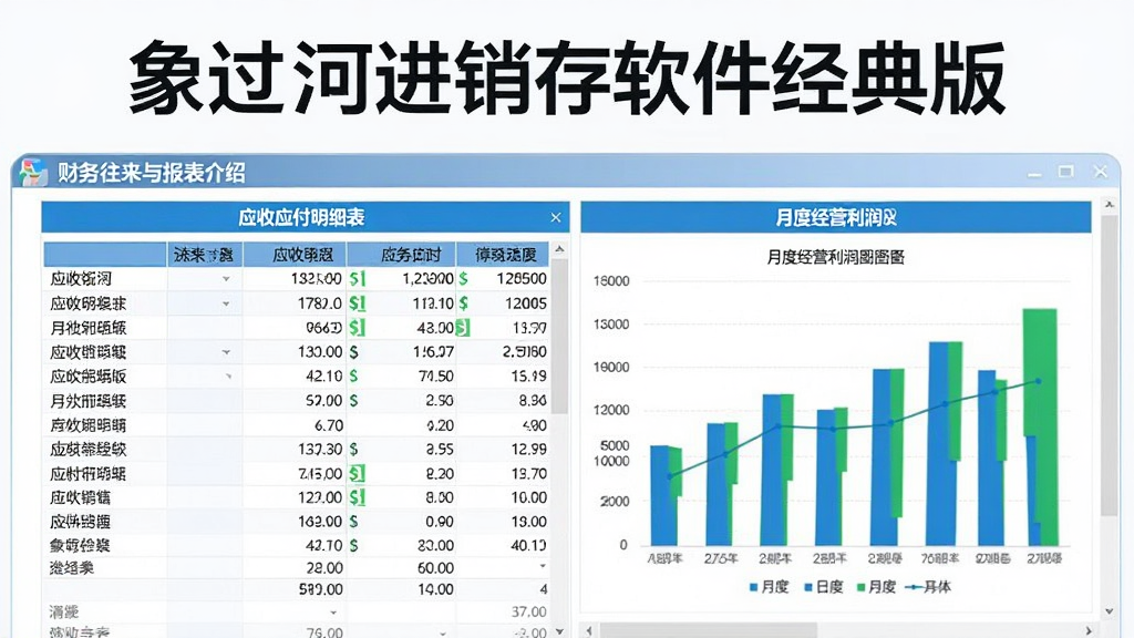 一张“象过河进销存软件经典版”财务往来与报表界面的图片,画面展示应收应付明细表和月度经营利润图,表格数据整齐排列,图表采用蓝绿配色,整体风格清爽专业,画质清晰,适合作为软件功能介绍配图