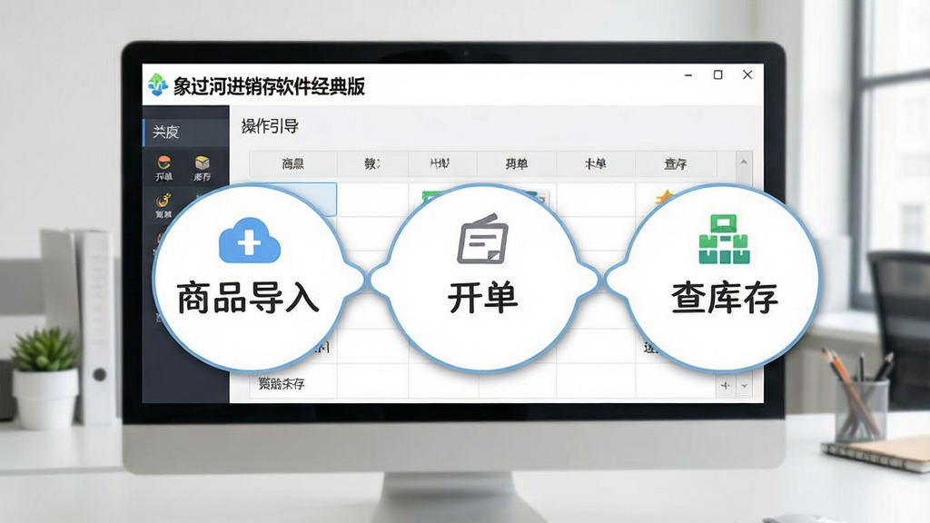 一张“象过河进销存软件经典版”操作引导界面的图片,画面展示软件主界面与悬浮的操作提示气泡,标注“商品导入”“开单”“查库存”等快捷入口,背景为简洁的办公场景,风格友好直观,画质干净,无杂乱元素