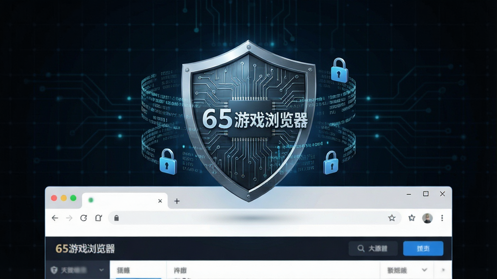 生成一张展示65游戏浏览器安全防护功能的图片,画面主体是一个盾牌形状的图标悬浮在浏览器界面上方,盾牌表面有电路纹理,背景是深色科技网格,布局采用居中构图,风格为写实科技风,细节上盾牌周围环绕着数据流和锁形符号,画质清晰干净无多余元素,图片中文字标注“65游戏浏览器”。