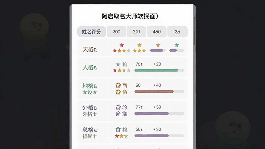 阿启取名大师软件中的姓名分析报告页面,画面主体为一份详细的姓名评分表格,包含天格、人格、地格、外格、总格等指标,布局为纵向列表排版,风格为简洁现代的扁平化设计,细节有彩色评分星级、五行属性图标、进度条,整体色调柔和,画质高清,干净无多余元素