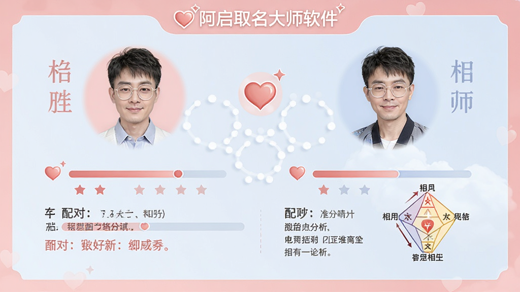 阿启取名大师软件的姓名配对测试结果页面,画面主体为两个姓名并列展示,中间有连接符号,下方为配对评分和详细分析文字,布局为左右对称排版,风格为温馨柔和的粉蓝色调设计,细节有心形图标、评分进度条、五行相生相克示意图,画质高清,干净无多余元素