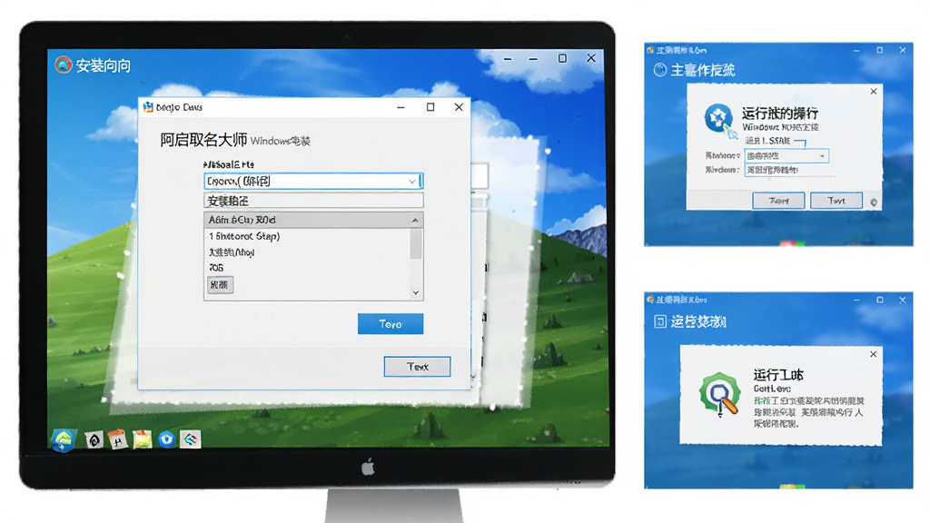 阿启取名大师软件在Windows电脑上的安装与使用流程示意图,画面主体为电脑屏幕展示软件安装向导和主界面操作步骤,布局为分步截图排列,风格为简洁明亮的教程风格,细节有安装路径选择框、下一步按钮、兼容性设置窗口、运行库安装提示,画质高清,干净无多余元素