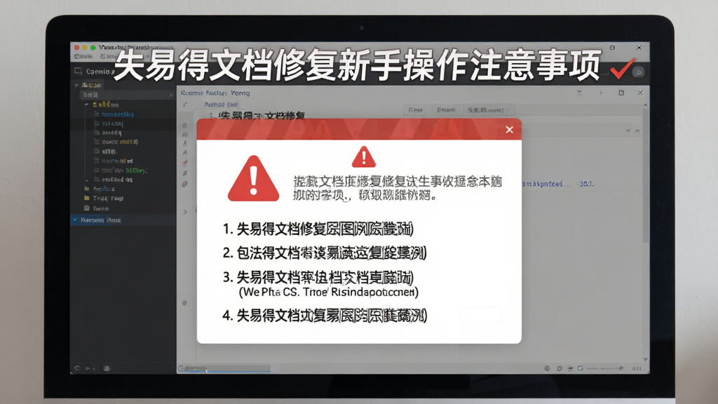 失易得文档修复新手操作注意事项示意图,主体为电脑屏幕显示软件界面与警告提示框,布局采用居中弹窗式构图,排版上方为标题下方为列表说明,风格为提示警示风格,细节包含红色感叹号图标、文字清晰、背景半透明遮罩,画质为高清、干净、无多余元素