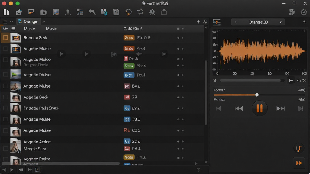 OrangeCD多格式音频管理界面,主体为音乐文件列表与播放控制面板,布局采用上方工具栏下方文件列表右侧播放器,排版紧凑信息密度高,风格深色专业主题,细节包含波形图、格式标签、播放进度条,画质高清干净无多余元素